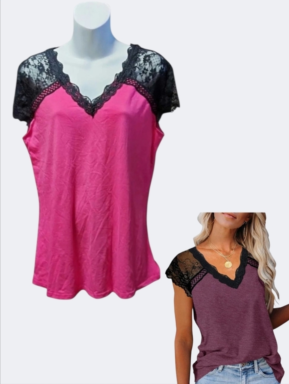 NWT OUGES Hot Pink Cap Sleeve Top with Black Lace Trim Size Large
